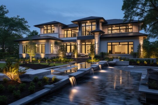 At night, the exterior of the luxury home looks stunning. It boasts a brand new house with a spacious yard, an outdoor covered patio that includes a kitchen area, and captivating interior lights that