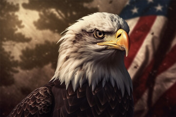 Bald Eagle in front of an american flag - 3D render