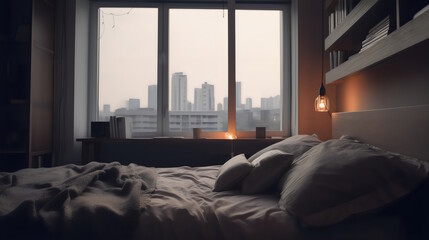 Comfortable Bedroom with Plush Pillows, Blankets, Nightstand, Book, Reading Lamp, and a Serene View of the City Skyline from Window. Generative AI