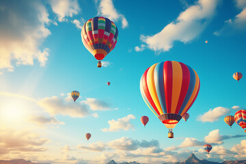 Colorful Hot Air Balloons Flying Against Blue Sky with Bright Sunlight