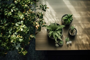 An aerial view photo capturing potted green plants placed on a home countertop.