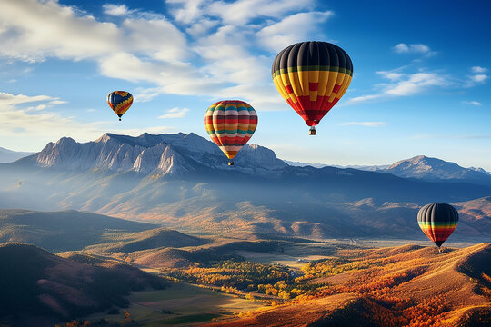 Holiday Destination of Hot Air Balloons Flying Over Hill Mountain in Cappadocia Turkey in Blue Sky