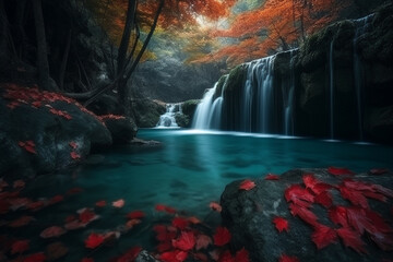 Wonderful Waterfall and red leaf in Deep forest at Eraw
