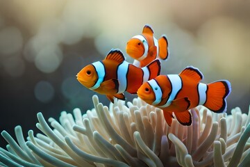 Three bright orange clownfish swim above a large white sea anemone with soft bokeh background.