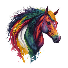 Watercolor Colorful Horse Collection On A Transparent Or White Background. Portrait of A Horse in Aquarelle Style