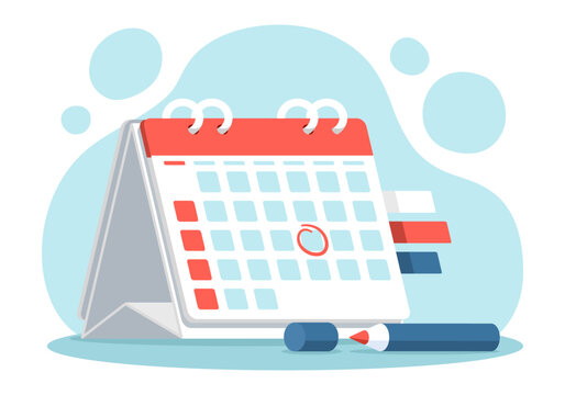 Red pen marks the date, holiday, priority, important, reminder day on calendar concept on blue  background. Vector illustration flat design for banner and poster.