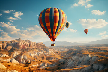 Hot Air Balloons Flying Over Cliff Ground in Cappadocia Turkey at Bright Day