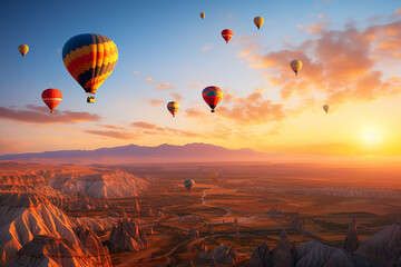 Hot Air Balloons Flying Over Cliff and Rocky Fields in Cappadocia Turkey at Sunset