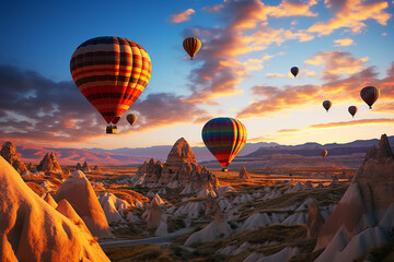 Hot Air Balloons Flying Over Hills and Rocky Fields in Cappadocia Turkey at Sunset