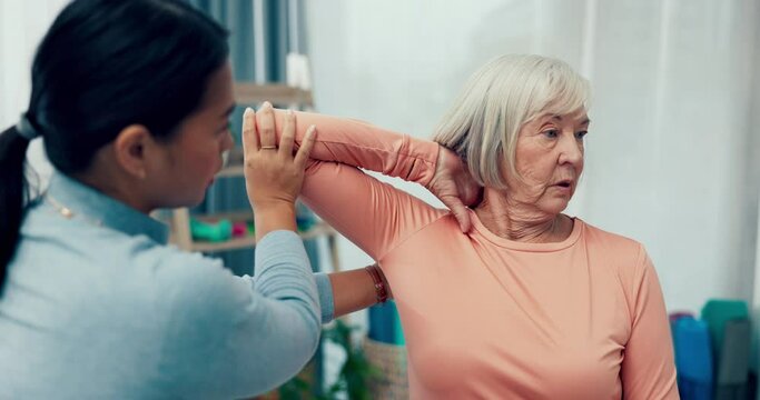 Physiotherapy, elderly or woman stretching elbow to help physical therapy for mobility rehabilitation. Senior patient, chiropractor or physiotherapist with muscle healing exercise for shoulder injury