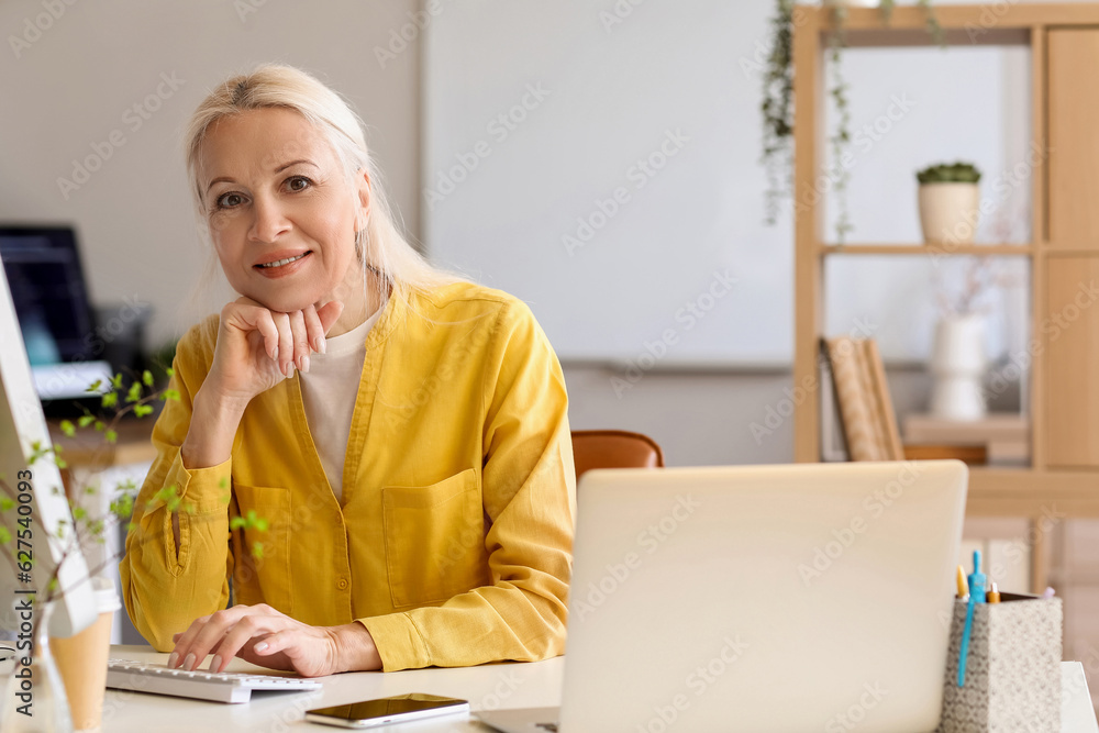 Poster mature female programmer working with computer at table in office