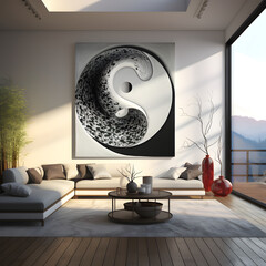 Feng shui in a home, for interpreting yin-yang energies, design, interior, decoration, table, book, candles, plants, sunlight, daytime, glass window, curtains, Ai generate. - obrazy, fototapety, plakaty