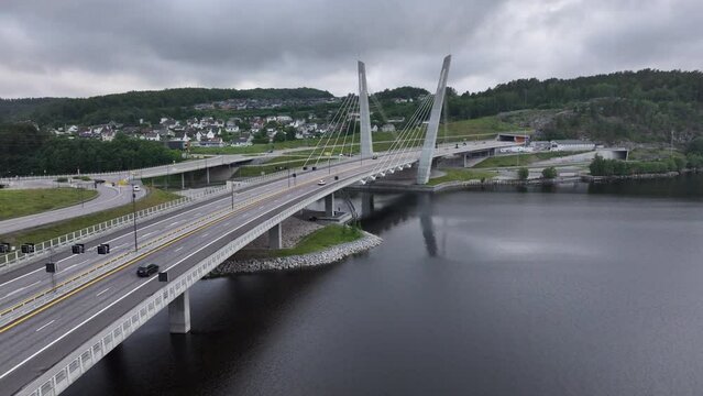 Aerial View Of Farrisbrua Bridge In Larvik, Norway On A Cloudy Day - drone shot