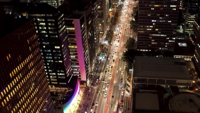 Paulista Avenue at Sao Paulo Brazil. Cityscapes Office Building. Avenues Skyline Metropolis Vibrant. Avenues Cityscape Metropolis Corporate Night. Avenues Vibrant Darkness Path. Sao Paulo Brazil.