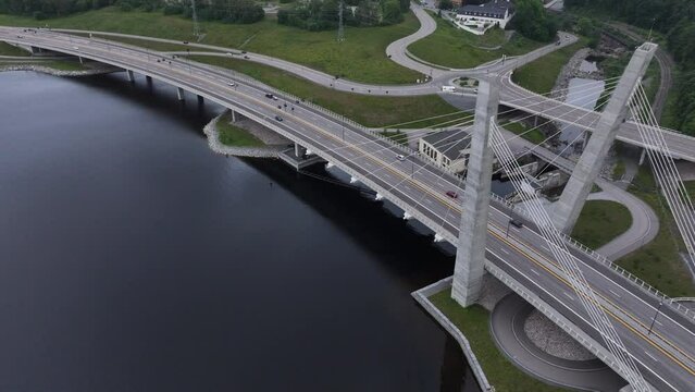 Aerial View Over Farrisbrua Bridge In Larvik, Norway On A Cloudy Day - drone shot