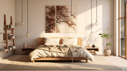 Japandi bedroom, featuring a tasteful piece of artwork, soft and warm lighting, and furniture made from natural materials like wood, linen, and cotton.generative ai