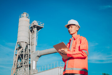 Asian man engineer is standing at plant the production of concrete. Confident asian engineer man Using tablet for checking and maintenance to inspection new project.