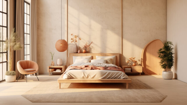 Japandi bedroom, featuring a tasteful piece of artwork, soft and warm lighting, and furniture made from natural materials like wood, linen, and cotton.generative ai