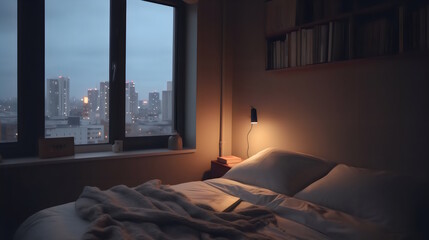 Comfortable Bedroom with Plush Pillows, Blankets, Nightstand, Book, Reading Lamp, and a Serene View of the City Skyline from Window. Generative AI