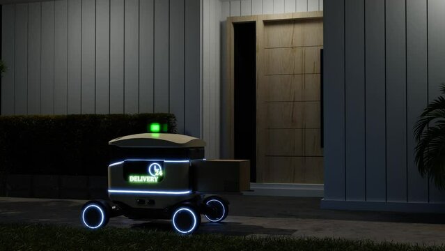 Food delivery robot is driving delivers to the front of the house quickly .24 hour night.