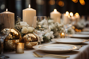 Elegant table setting with beautyful flowers and candles in restaurant. Selective focus.