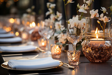 Elegant table setting with beautyful flowers and candles in restaurant. Selective focus.