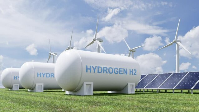 Hydrogen energy storage gas tank for clean electricity solar and wind turbine facility.