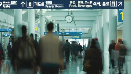 Busy airport with many people crowd and clock moving fast - Powered by Adobe