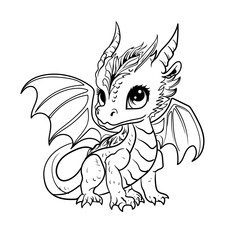 Hand drawing print education art character animal cute dragon outline black and white toy cartoon sketch happy coloring page and coloring books