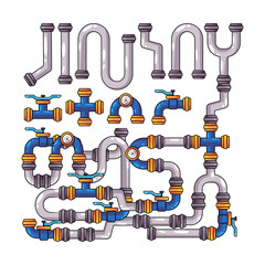 blue and grey color tube shape pipeline sewer industrial valve system engineering with faucet and manometer measurement temperature