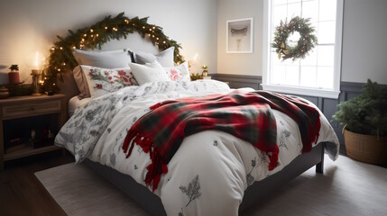 Cozy Scene with a Comfortable Bed Adorned in Festive Holiday Bedding, Pillows, and Throws. Perfect for Creating a Warm and Welcoming Ambiance During the Holiday Season. Generative AI
