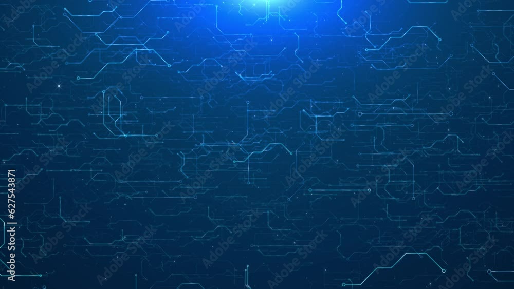 Poster 4k 3d circuit board with moving electrons data flow loop background animation. artificial intelligen