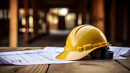 Building Foundations: Hard Hat and Construction Plans on Wooden Board