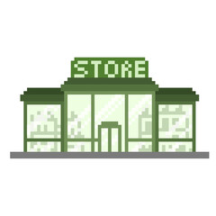 Convenience store green pixel art icon building architecture illustration concept