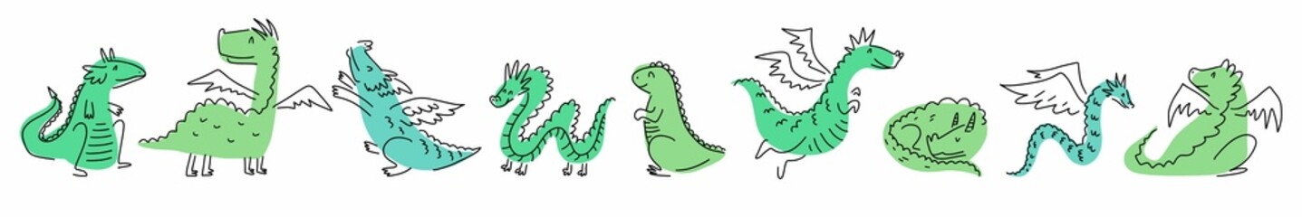 Horizontal collection of dragons hand-drawn in doodle style