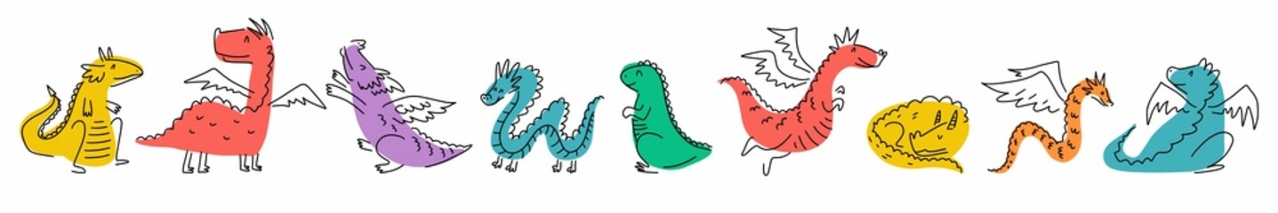 Horizontal collection of dragons hand-drawn in doodle style
