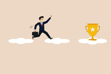 Fototapeta na wymiar Businessman running in to get target. Businessman running on clouds to reach victory trophy. Businessman illustration.