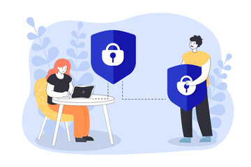 Woman at laptop and man with shield vector illustration. Drawing of girl using protected computer or connection, safety of personal information, network. Cybersecurity, technology, protection concept