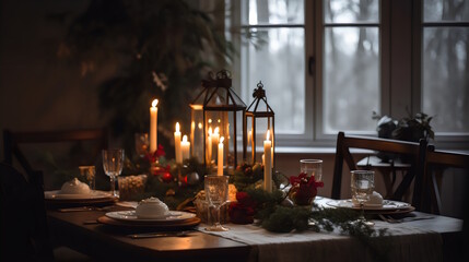 Fototapeta na wymiar A Dining Room Table Set with a Beautiful Centerpiece and Holiday-Themed Decorations, Ready for a Joyful Christmas Celebration. Generative AI