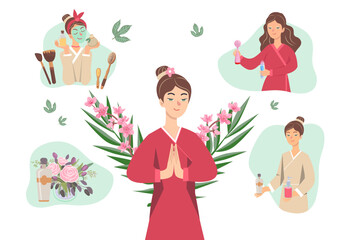 Woman with organic beauty products vector illustrations set. Cartoon drawing of girls with different tools and makeup from natural ingredients. Spa, relaxation, nature concept