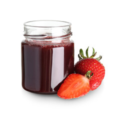 Jar of sweet strawberry jam isolated on white background