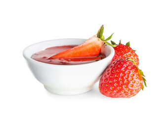 Bowl of sweet strawberry jam isolated on white background