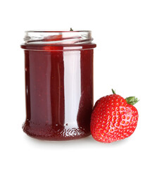 Jar of sweet strawberry jam isolated on white background