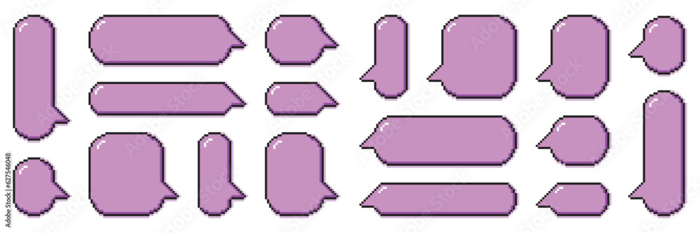 Poster pixel dialogue box in violet color with shadow. speech bubbles in pixel art retro style. isolated fl