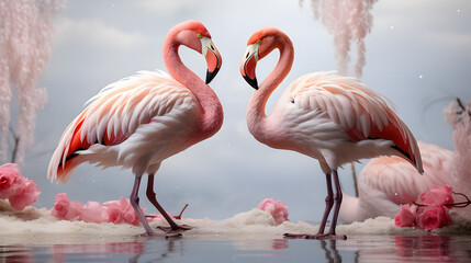 Naklejka premium Two flamingos facing each other, heart shaped background. Generative AI