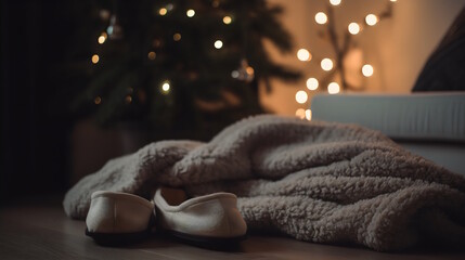 Obraz na płótnie Canvas Warm Winter Comfort: Cozy Slippers and a Soft Blanket on the Couch, with the Christmas Tree Adding a Festive Touch in the Background. Generative AI