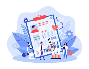 Fototapeta na wymiar Tiny doctors with diagnostic report vector illustration. Cartoon drawing of medical staff examining graphs, charts, information about patient. medicine, healthcare, diagnosis concept