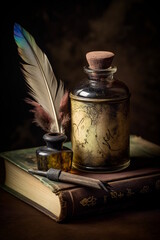 An Elvish Symbol-Carved Ebony Ink Pot with Silver Inlay, Multicolored Cloud Spills, Ornately Carved Quill, on Cream Parchment Background. Generative AI