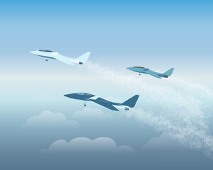 Fototapeta na wymiar Military fighter jets flying in sky vector illustration. Military eagle planes taking off for exercise or training above airport. Aviation, air transportation, flight, army concept