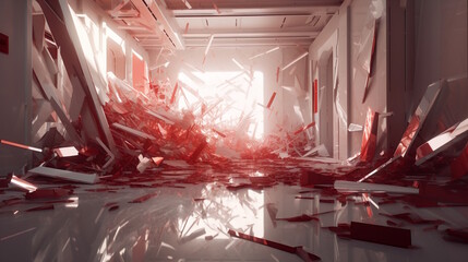 Perception Rivers: Shattered Mirrors, Intense White Lightings in a red Gigantic Room. Generative AI